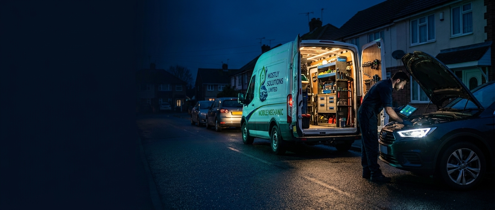 Mostly Solutions branded van with a mechanic working at a car bonnet