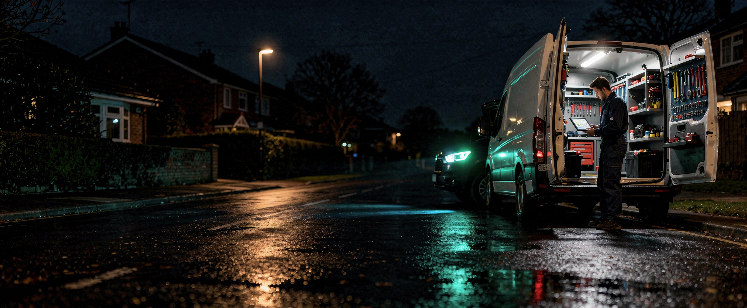 Mostly Solutions mobile mechanic van on a night-time London street