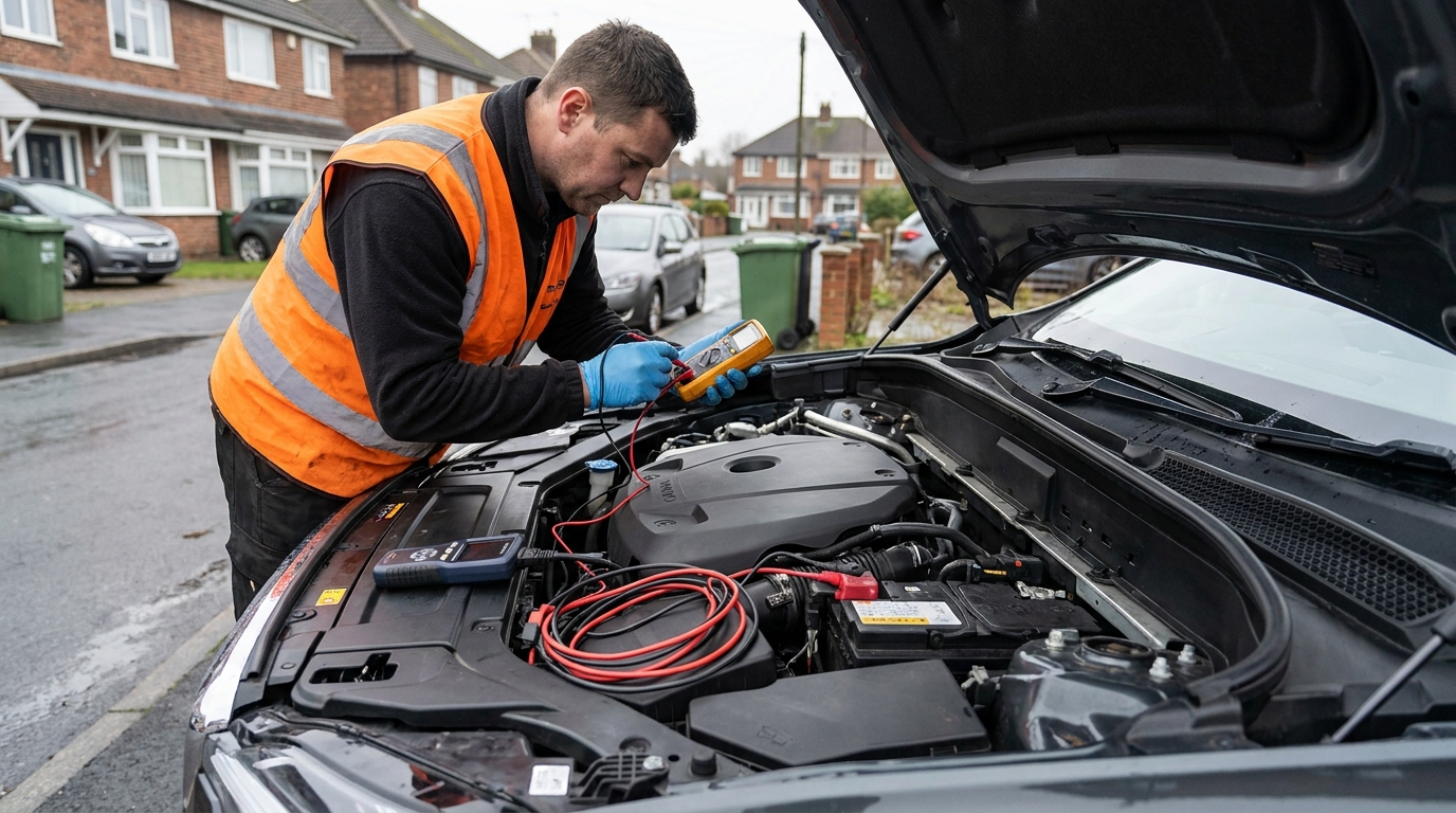 Auto electrician testing a car battery and charging system at a customer location in Watford
