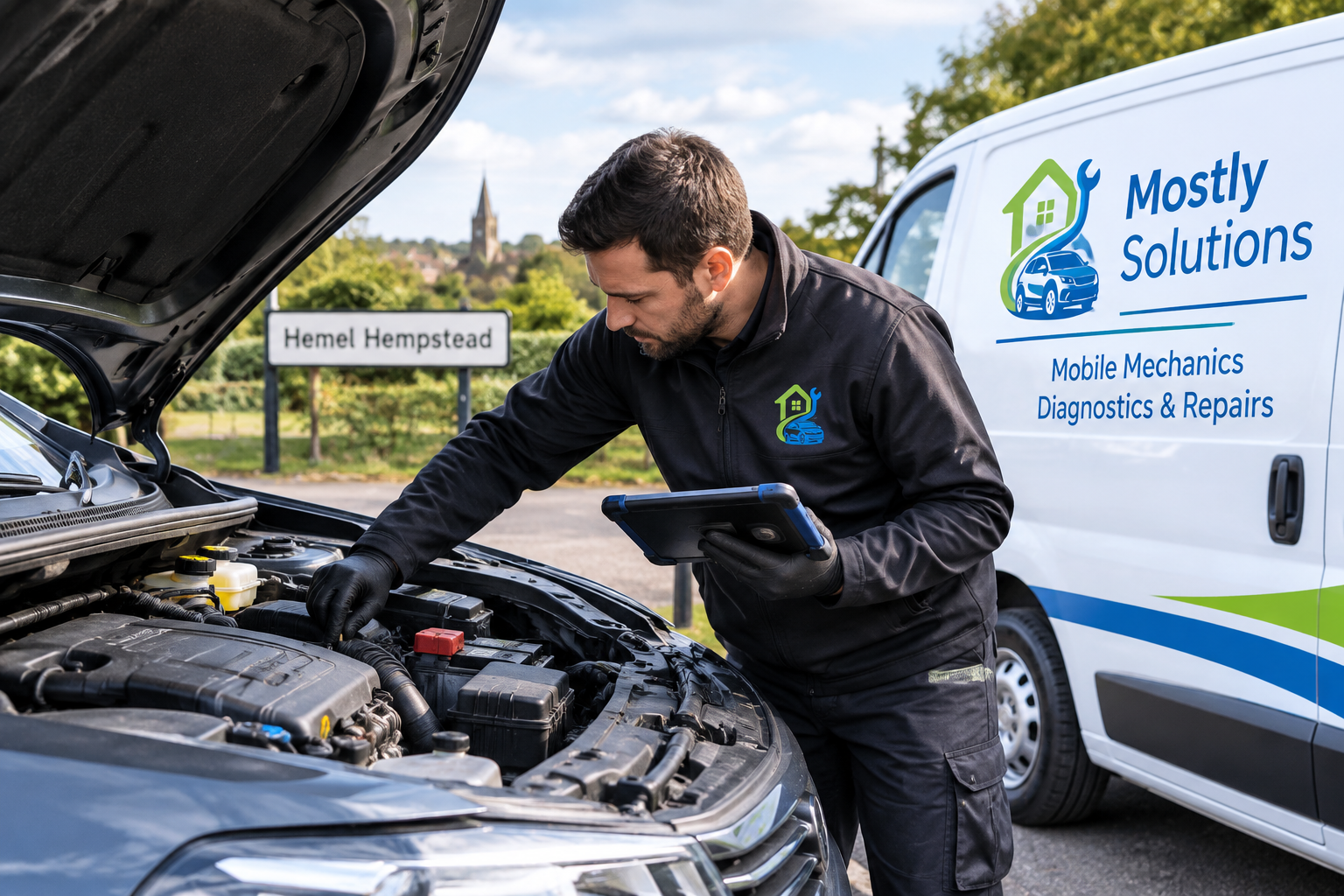 Mobile mechanic checking a broken down car in Hemel Hempstead