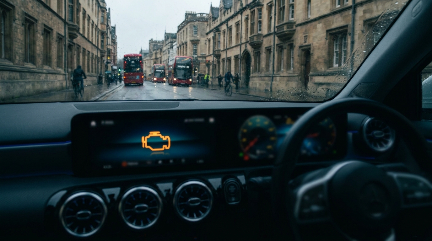 Engine warning light illuminated on a car dashboard while driving through Oxford